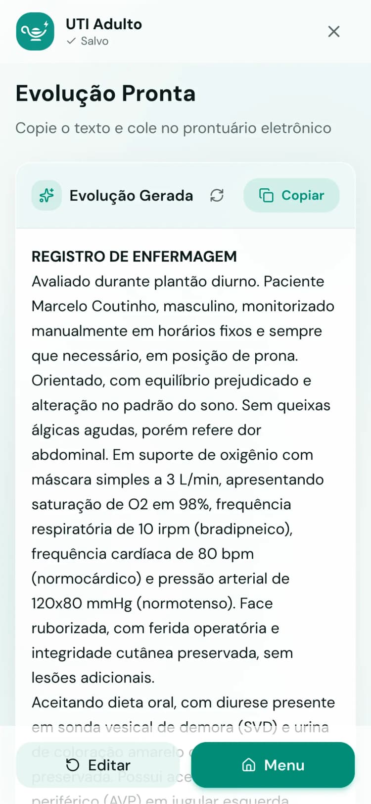 Tela de resultado da IA com texto de evolução de enfermagem completo, botão de copiar visível no topo